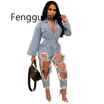 

FENGGUILAI Fashion Sexy Holes Jeans Jumpsuit Women Overalls Buttons Pockets Long Sleeve Soft Loose Casual Denim Romper Streetwea