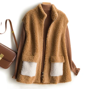 

Real Wool Shaggy Faux Teddy Coat Sleeveless Natural Winter Wool Vintage Elegant Loose Vest Coat Patchwork Outwear Furry Overcoat