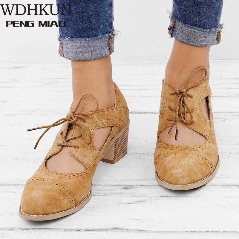 

Summer Vintage London Brogue Shoes Women Lace Up Sandal Chunky High Heels Cut-Outs Female Casual Plus Size 35-43 Woman Shoe