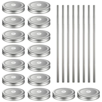 

16 Pack Regular Mouth Lids with 8 Packs 18/8 Stainless Steel Straws Leak Proof Secure Glass Jar Lids Storage Solid Caps
