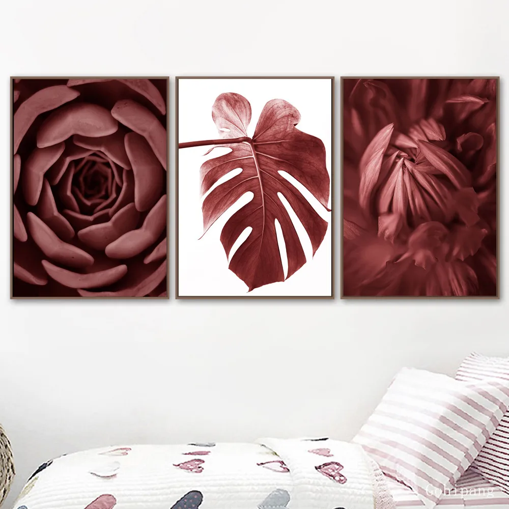 Red-Palm-Leaves-Flower-Succulent-Cuadros-Decoracion-Peony-Wall-Art-Canvas-Painting-Nordic-Poster-Wall-Decor (1)