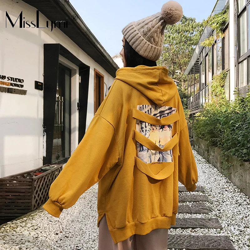 

XL-4XL Plus Size Women Yellow Sweatshirt Autumn 2019 Streetwear Fashion Long Sleeve Print Patchwork Loose Casual Hoodies