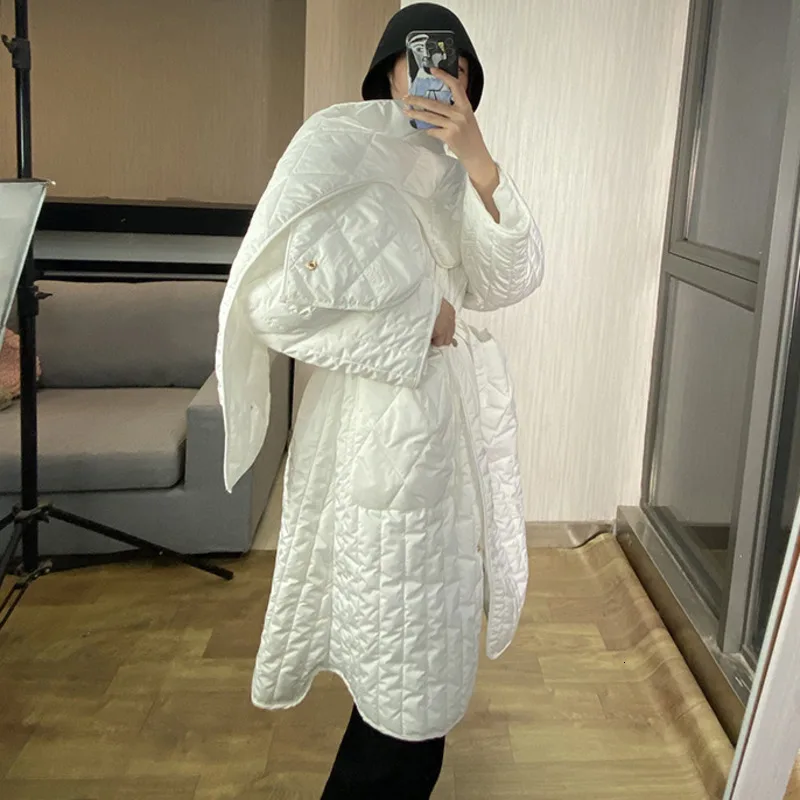 white DEAT, новинка, шарф, воротник, полный рукав, в клетку, пояс на талии, белое, с хлопковой подкладкой, пальто, женская парка, куртка WK05400L - Цвет: white