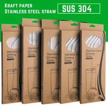 100 наборов бумажный пакет 4+ 1/набор многоразовые прямые/Изогнутые 304 нержавеющая сталь металлическая Питьевая солома с чистой щеткой для 20 унций/30 унций кружка
