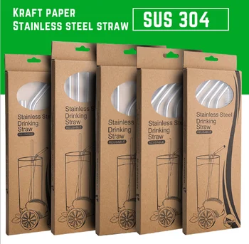 

100sets paper pack 4+1/set Reusable Straight/Bent 304 Stainless Steel Metal Drinking Straw With Clean Brush For 20oz/30oz Mug