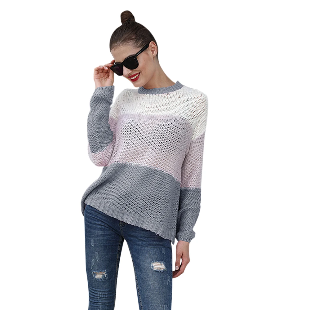 Женские Модные полосатые вязаные свитера с круглым вырезом и длинными рукавами