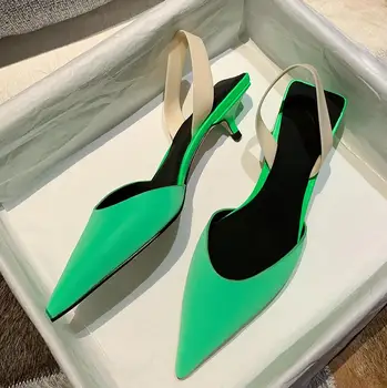 

Learher Women Sandals Summer Women Shoes Luxury Pointed Toe Zapatillas Mujer Med Heels Buty Damskie Slip On INS Sandalias Mujer