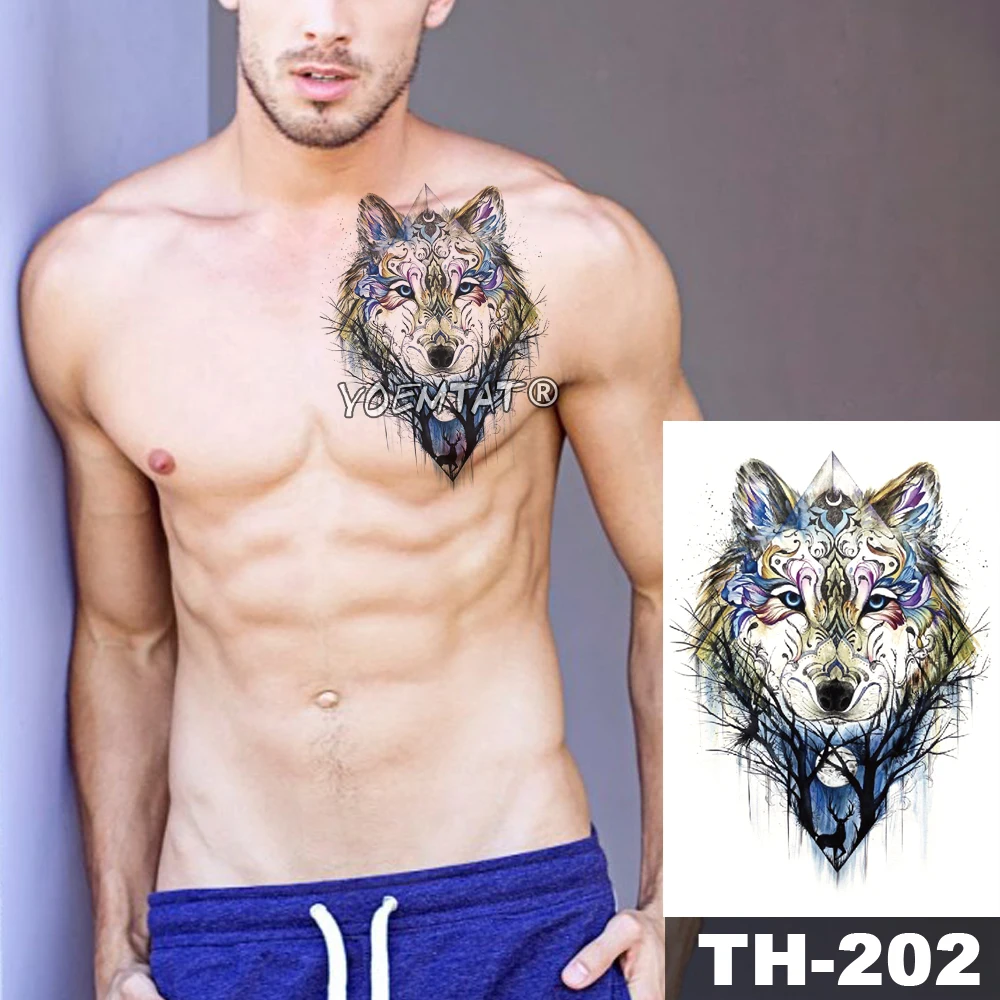 

Black Wolf Forest Tribal Feather Tattoos Temporary Sticker Tree Fierce Animal Fake Tattoo For Men Body Art Custom Tatoos