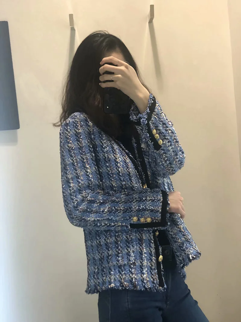 Женская твидовая куртка в клетку синяя винтажная с V-образным вырезом пуговицах