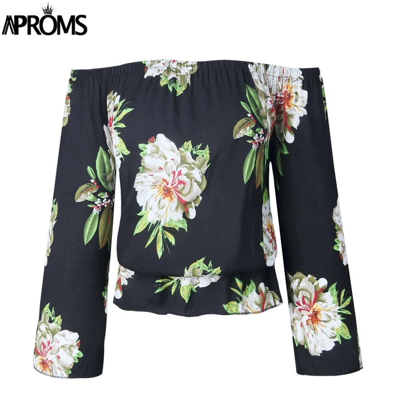 Черный Aproms, рукав-фонарик, Boho, цветочный принт, безрукавка, топы, элегантный, с открытыми плечами, укороченный Топ для женщин, летняя одежда, уличная одежда, футболки, майки - Цвет: Черный