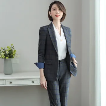 

High-grade Two Piece Suits Set Business Formal Pant Suit Office Lady Uniform Designs Gray Women Plaid Business Suits For Work