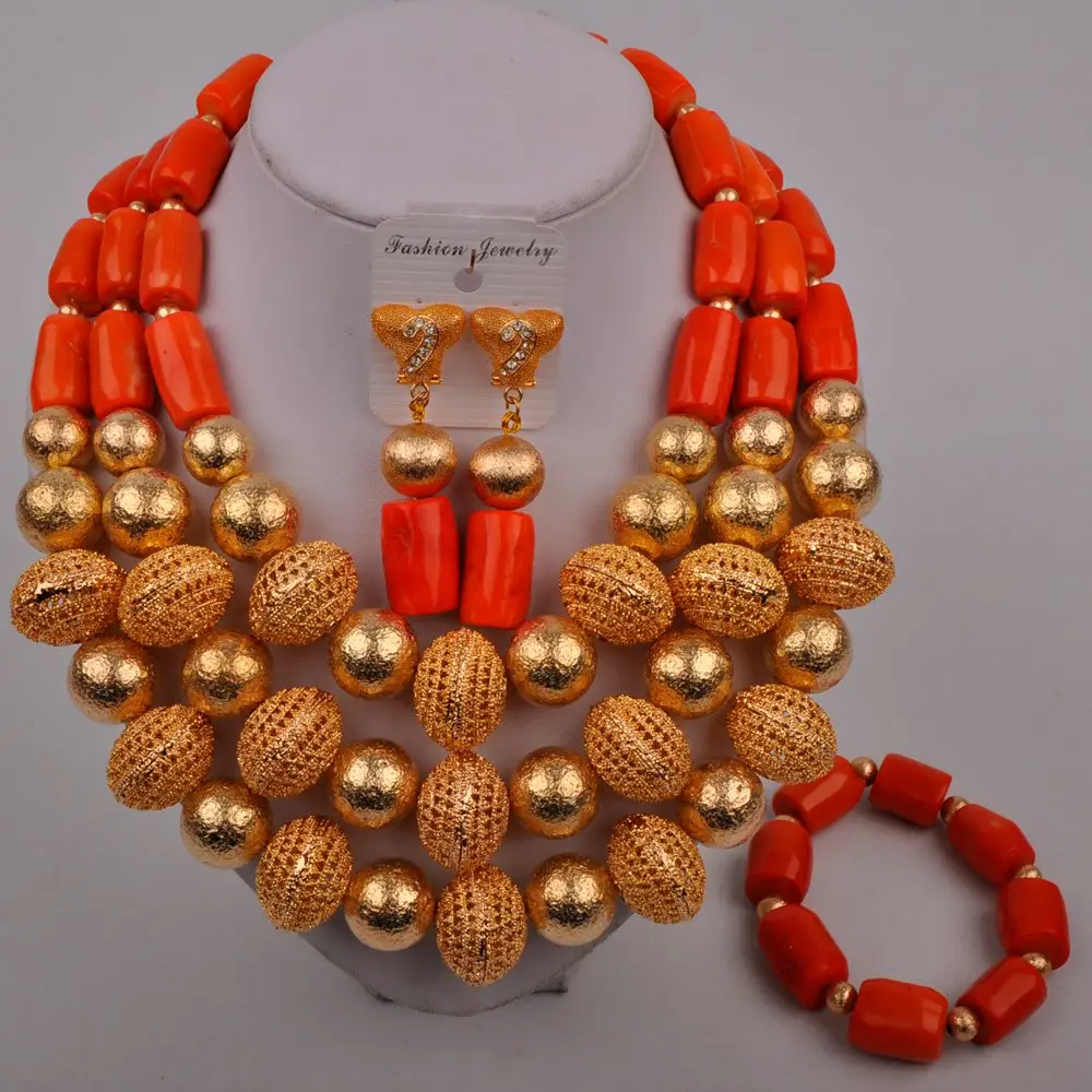 

Luxurious Coral Beads Jewelry Sets Women Indian African Jewelry Set Nigeria Wedding Jewellery For Brides Dubai Gold Jewelry Sets