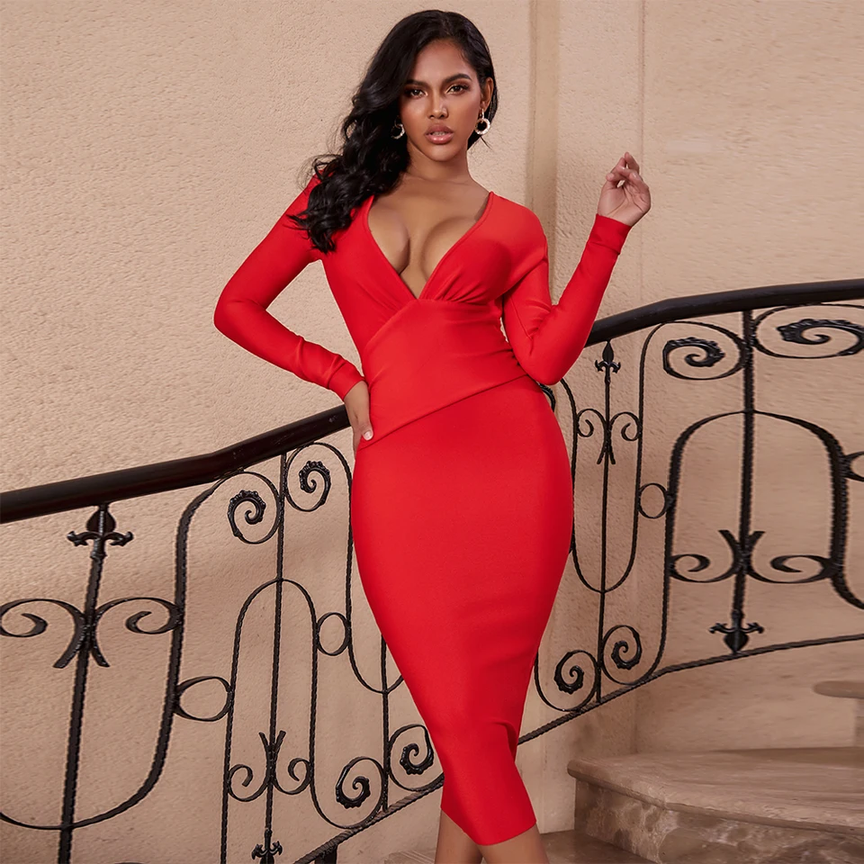 red long sleeve bandage dress