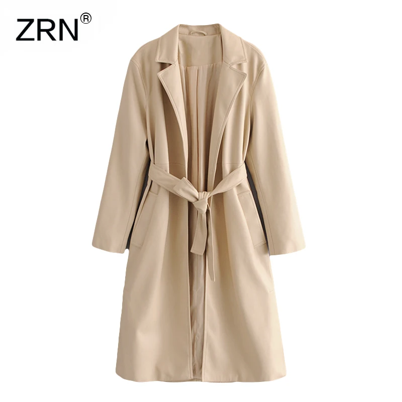 ZRN женский Бежевый длинный толстый тренчкот из искусственной кожи с поясом 2020