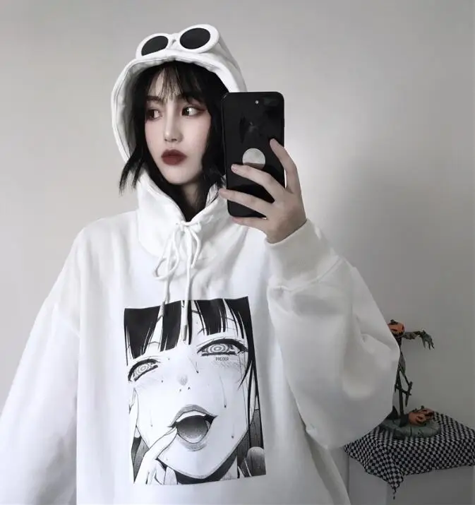 Зимний Корейский Harajuku bf ветер ретро Свободный мультфильм печати с капюшоном плюс бархат толстовка для женщин