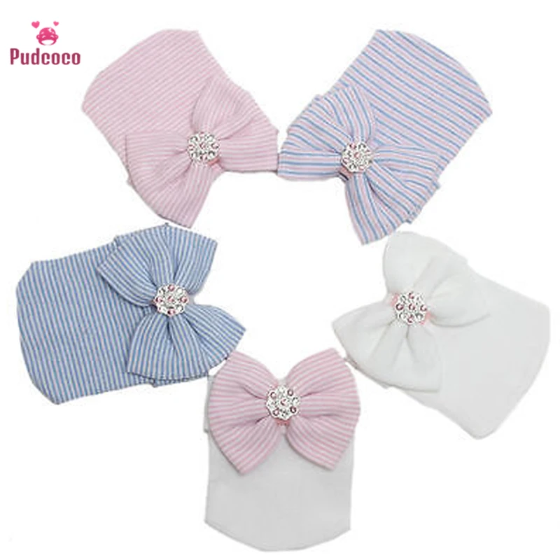 Милые шапки Pudcoco для маленьких девочек удобная Шапка бини в полоску с бантом