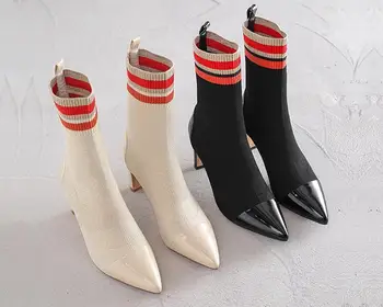 

2019 autumn and winter new retro pointed Martin boots striped knit elastic high heel women's bare boots