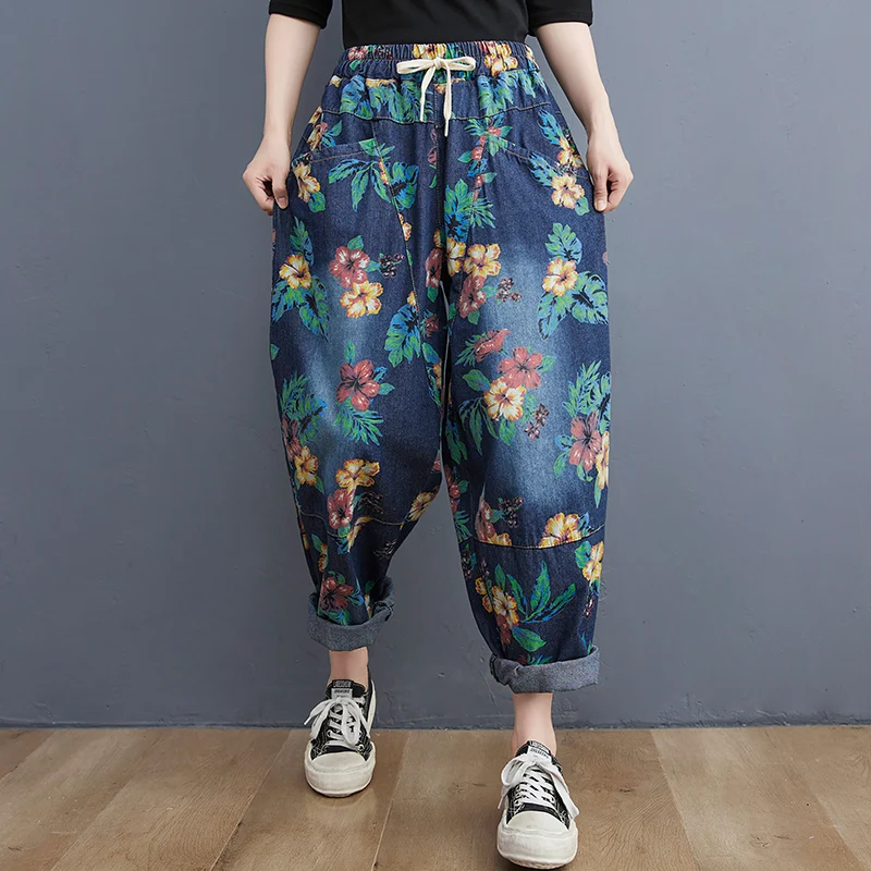 

2023 Korea Style Print Floral Vintage Autumn Denim Jeans Harem Pants High Waist Women Casual Jeans Women Spring Cowboy Pants
