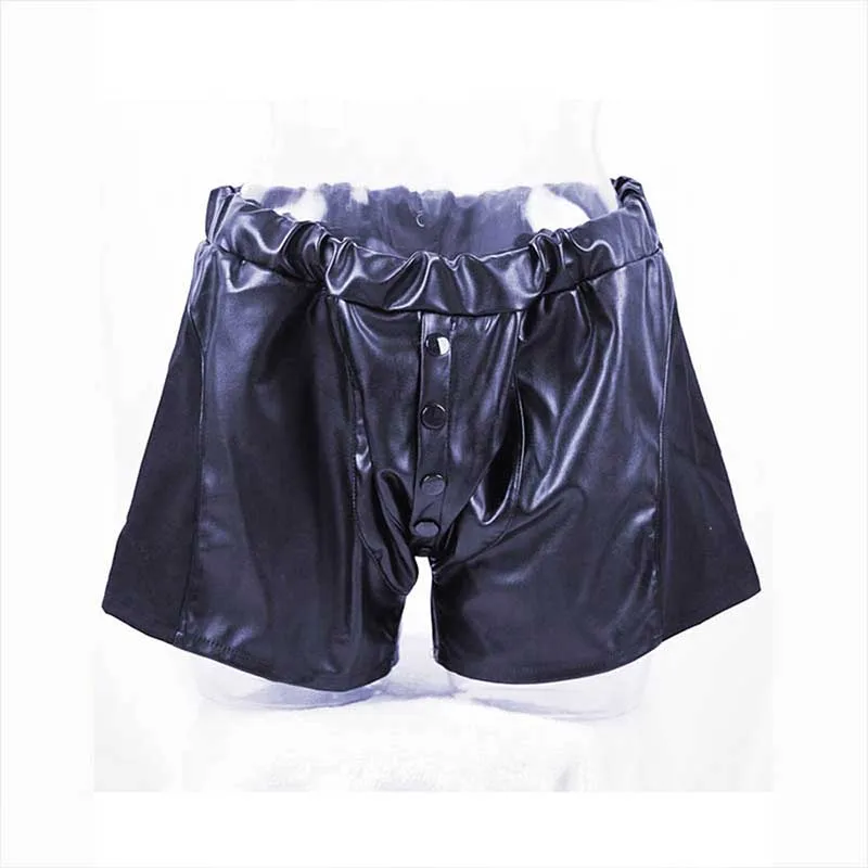 Men's Faux Leather Lingerie Set Sexy Adult Sleeveless Single-Breasted Undershirt Pouch-Short Boxer 2 Pcs Wetlook Men Underwear (4)