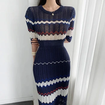 

Sannian Women Set Round Neck Thin Color Contrast Striped Sweater + High Waist Mid-length Hip Skirt Suit Women Clothes Sets