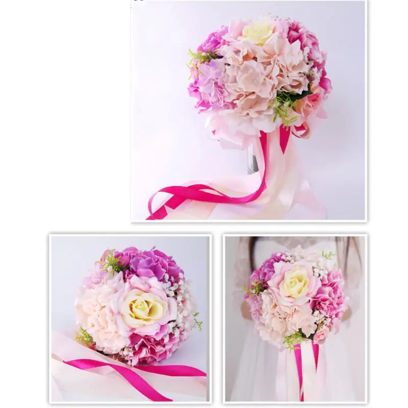 Bridal Bridesmaid Wedding Holding Bouquet Artificial Hydrangea Flower Long Satin Ribbon Decor Party Decoration Gift Photo Props