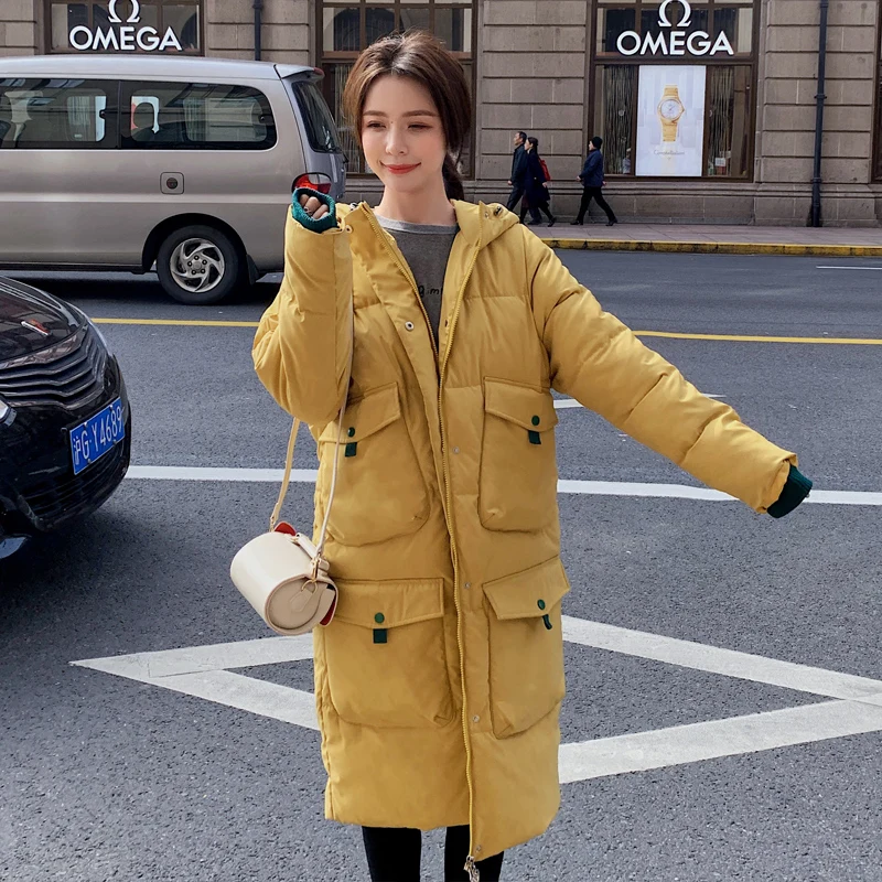 Пуховое пальто, женская зимняя куртка, женское длинное толстое хлопковое пальто большого размера, Корейская версия, свободная хлопковая одежда, повседневная парка