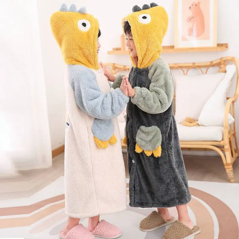Kids Robe Flannel Bathrobe After Bath Girls Pajamas Sleepwear Baby Boy Winter Hooded Robes Teen Pyjamas Warm Nightgown Home Wear