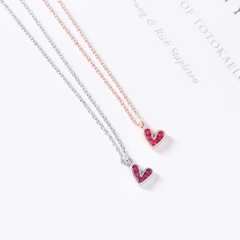 

925 Sterling Silver Small Heart Pendant with Red Wine Cubic Zirconia Rose Gold Color Link Chain CZ Necklaces for Women