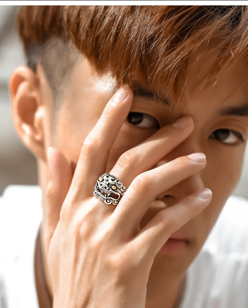 Ring For Men's Adjustable Size Wenwan Personality Trend Retro Chinese Style Lion Ring Jewelry Gift finger ring,adjustable rings,badminton t shirt
