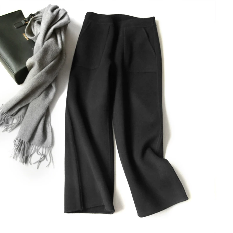 Зимние высококачественные двухсторонние шерстяные повседневные штаны для женщин, модные офисные женские шерстяные Широкие штаны, женские осенние теплые штаны K277