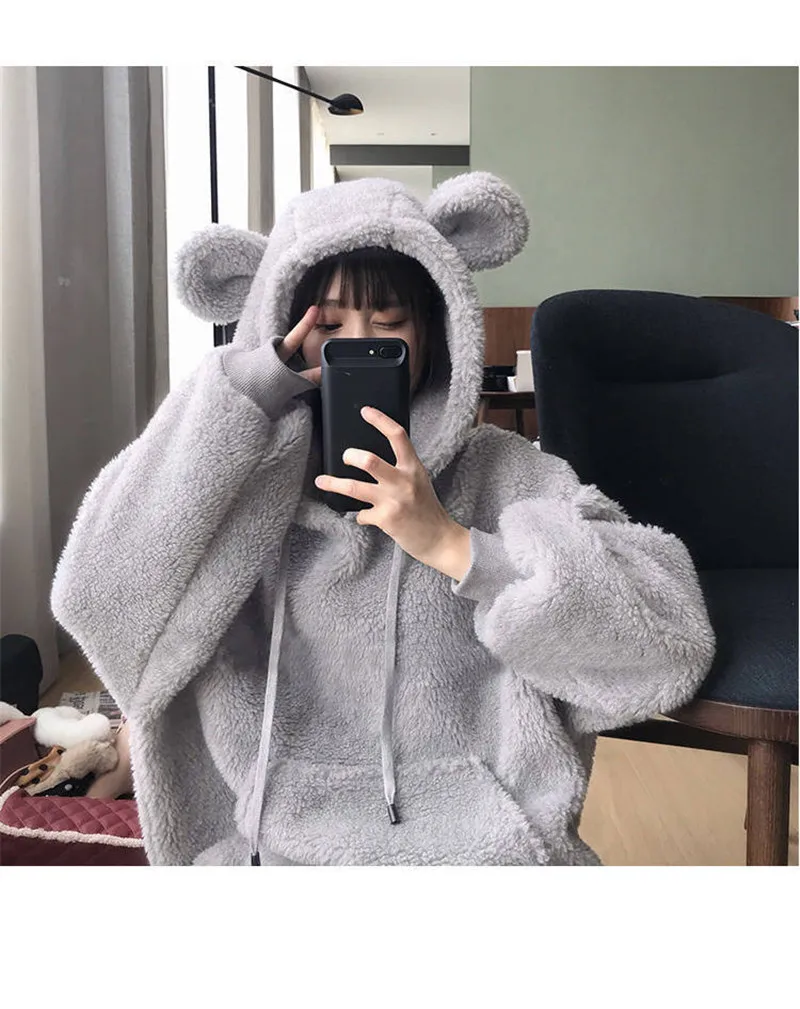 Kawaii/женские толстовки; пуловер для девочек; зимняя свободная пушистая толстовка с капюшоном и ушками медведя; теплая верхняя одежда; пальто; милый свитер для девочек