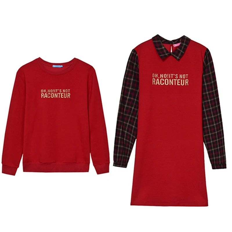 red New Autumn Family Matching Outfits Mom And Daughter Fashion Embroidery Dress Dad Son Sweatshirt Children Long Shirts - Цвет: red