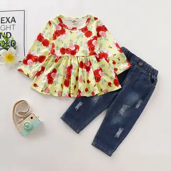 

Toddler Kid Baby Girl Outfit Clothes Long Sleeve Floral Mini Dress Tops+Denim Hole Pants 2PCS Outfits Set Autumn