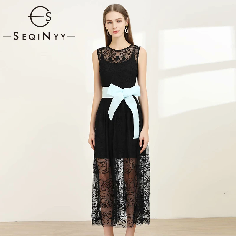 SEQINYY/Черное длинное платье; коллекция года; сезон лето-весна; модный дизайн; Сетчатое платье трапециевидной формы с цветочной вышивкой; платье-майка с синим поясом