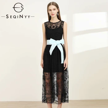 

SEQINYY Black Long Dress 2020 Summer Spring New Fashion Design Mesh A-line Flower Embroidery Vest Dress Blue Belt