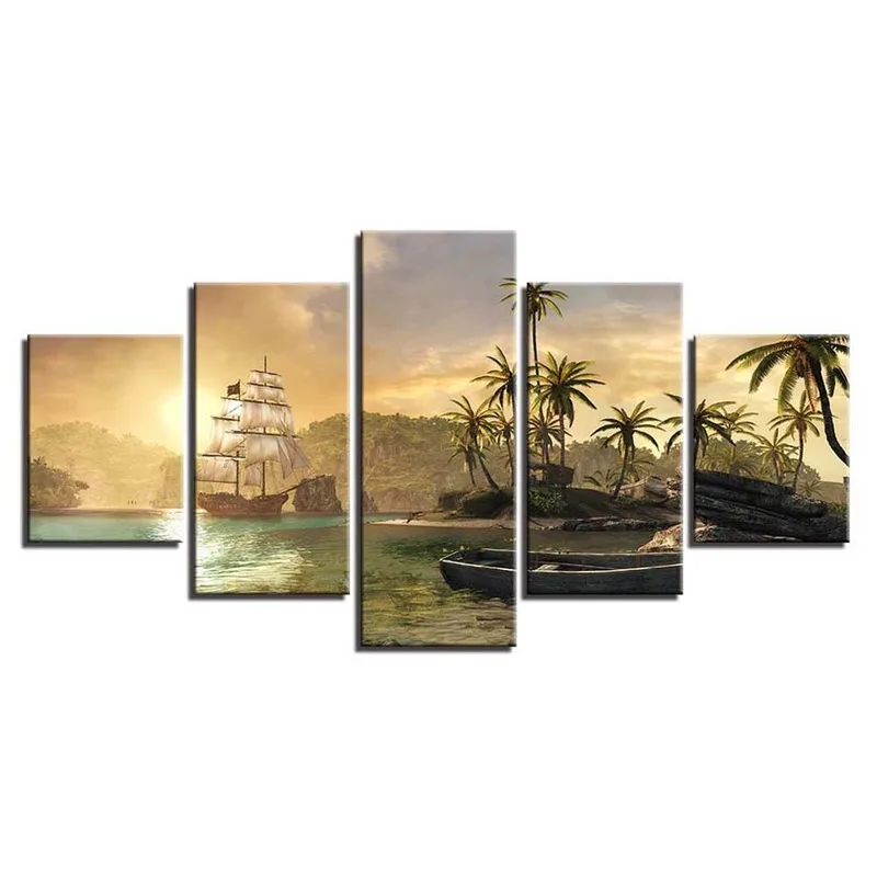 Челнока Холст HD печатает картины Современные Настенные 5 шт. Масляные картины кокосовых деревьев в парусной лодке Wulian остров