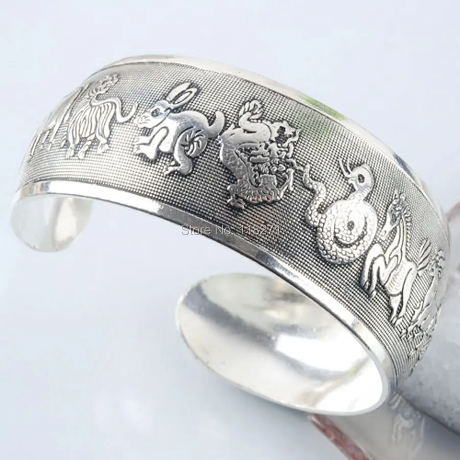 Резьба по китайскому зодиаку старинный серебряный Тибетский браслет женский браслет на запястье настраиваемый Шарм ювелирные изделия 1 шт PZ172