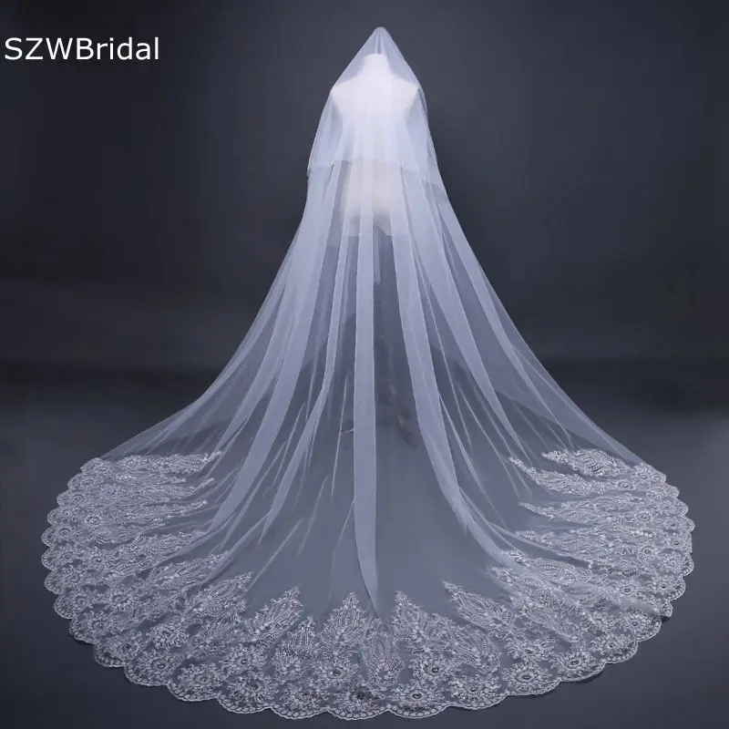 

New Arrival Two Layers Cathedral Wedding Veils Long Lace Appliques with Beading Crystals Bridal accessories Sexy Bride veil