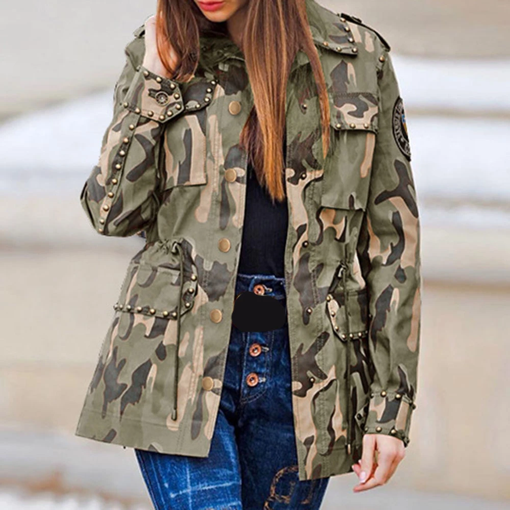 de camuflaje con remaches para mujer, bolsillo tipo parche, cordón, informal, y una botonadura con solapa, manga larga, otoño e invierno, 2021|chaquetas - AliExpress