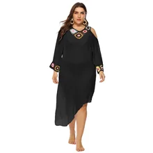 Платье большого размера, необычное, с открытыми плечами, v-образный вырез, вязанное крючком, с цветочным соединением, с длинным рукавом, Пляжное, солнцезащитное платье A1932