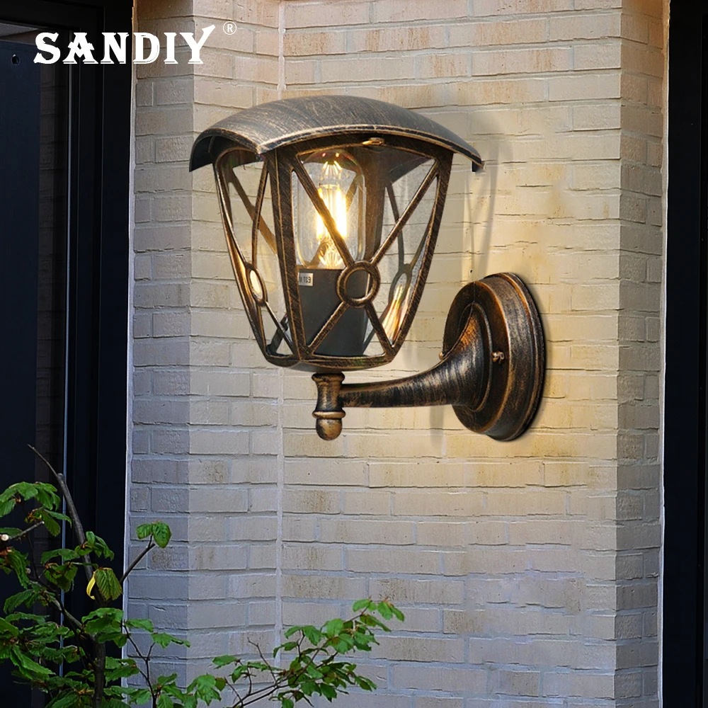 SANDIY Antique Wall Lamps European Vintage Wall Lights for Outdoor Garden Gate Aluminum+Glass E27 Bulb Replaceable Bronze/Black 10pcs lot lead free black soldering iron tips 900m t 0 8d replaceable solder tips for 936 soldering station