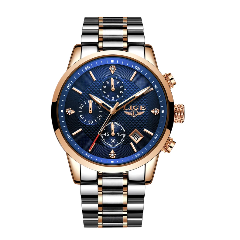 Rose gold blue S 2020LIGE мужские часы Топ бренд класса люкс хронограф кварцевые мужские часы водонепроницаемые спортивные наручные часы мужские часы из нержавеющей стали - Цвет: Rose gold blue S