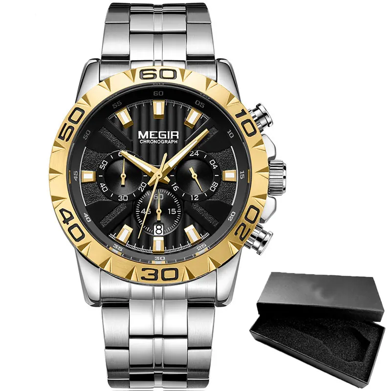 Relogio Masculino MEGIR мужские Топ люксовый бренд военные спортивные часы мужские кварцевые часы мужские полностью стальные повседневные деловые черные часы - Цвет: MS2087G-Gold