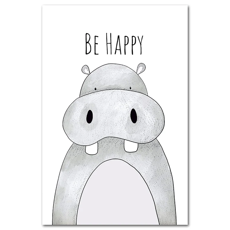 Picture F Be Happy детская комната печать живопись на холсте животные бегемот жираф обезьяна плакат со львом картина домашний декор для детей Детская комната - Цвет: Picture F