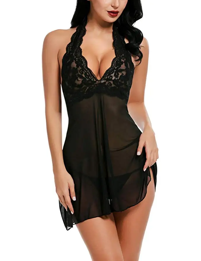 Женское нижнее белье платье на бретелях Кружева Babydoll сетчатая одежда для сна V шеи Тедди