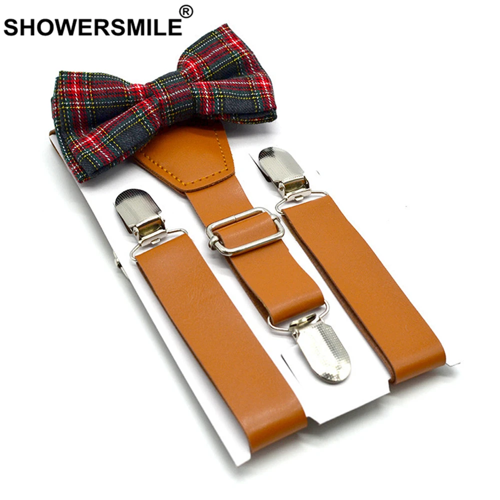 SHOWERSMILE Детские подтяжки с галстуком бабочкой кожаные в британском стиле для