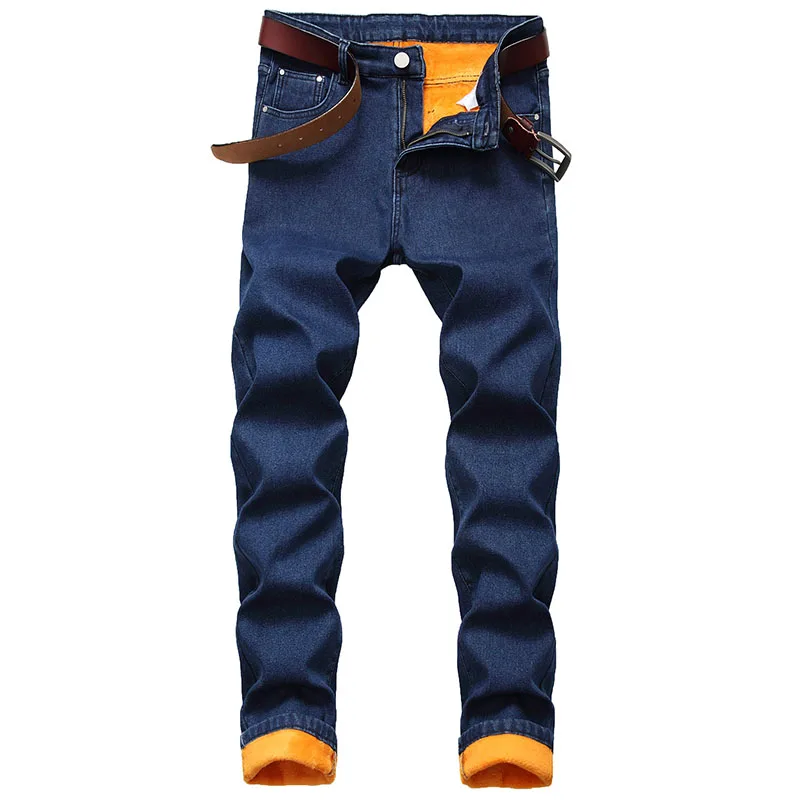 Men's Solid Color Casual Denim Trousers Slim Fit Fleece Lined Warm Jeans Pants For Male Size 30-42 (4)