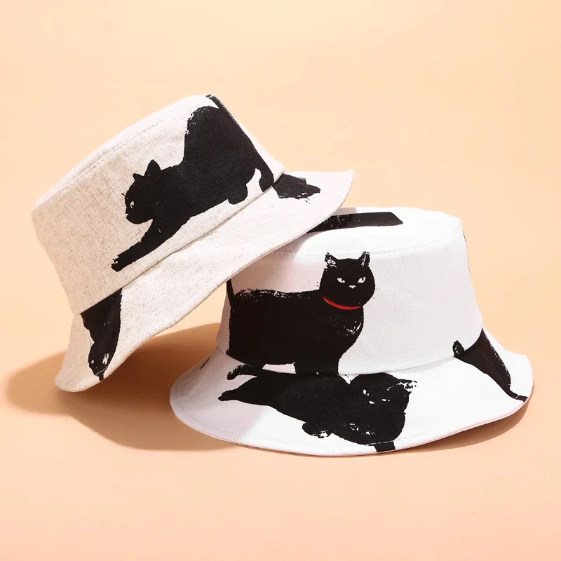

Cute Cat Pattern Bucket Hat Women Summer Fisherman Fishing Hat Foldable Outdoor Street Trend Hip Hop Hat Flat Top Sunshade Cap