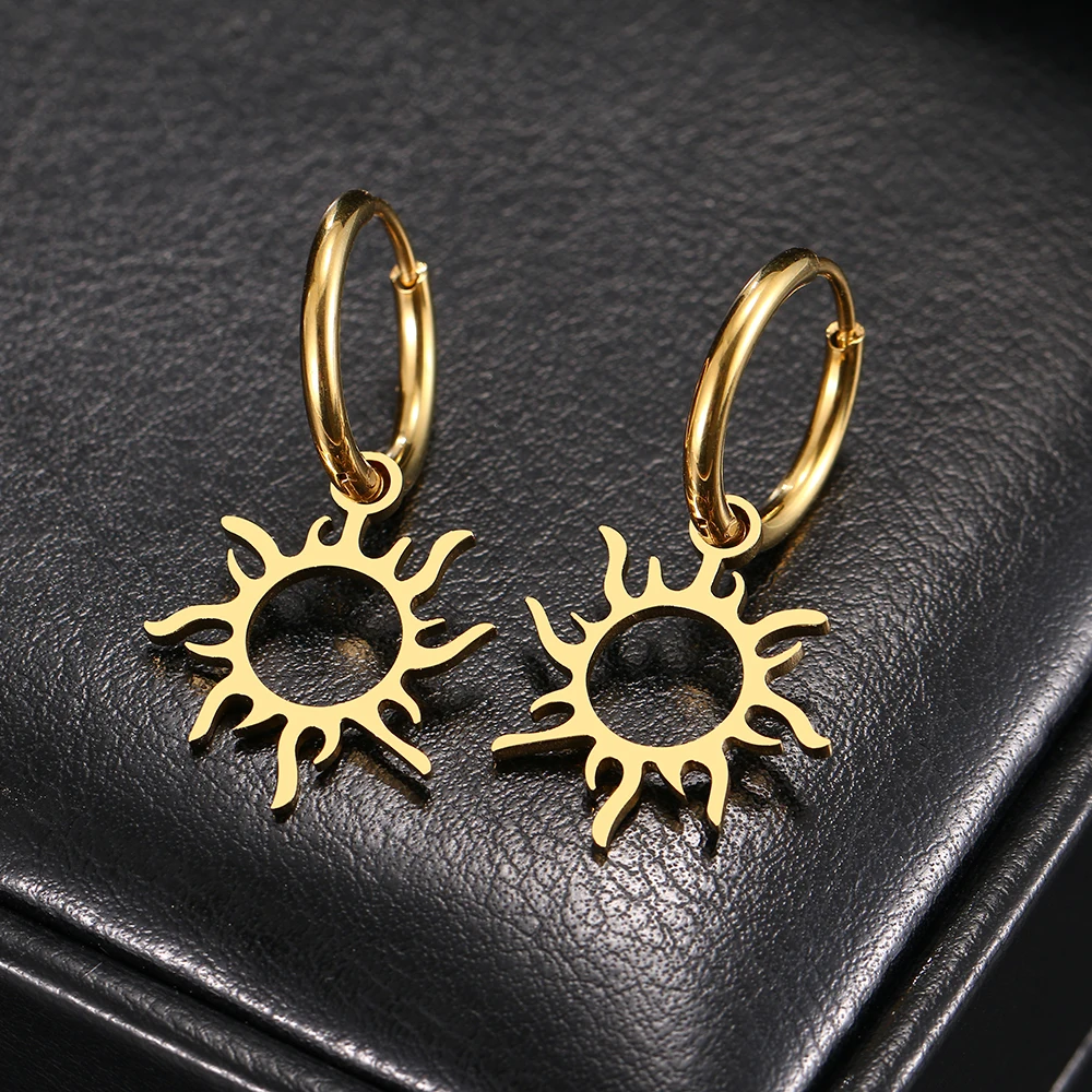 Stainless Steel Earrings New Sun Totem Plated Hoops Trend Charm Earrings - Image 5