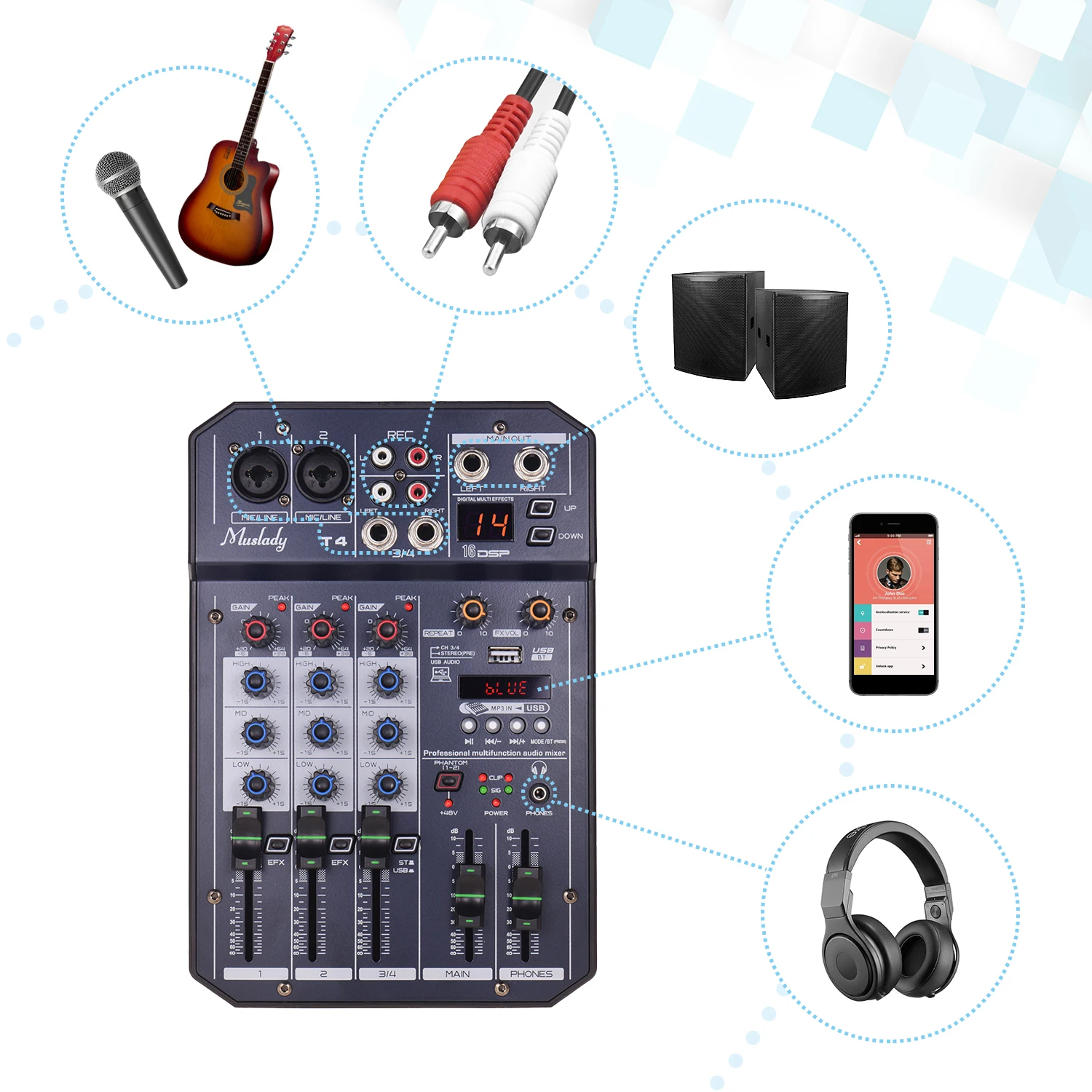 Muslady T4 Портативный 4 канальный звуковая карта микшерный пульт звукомикшер